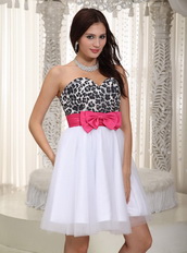 White A-line Leopard Prom Dress Short Skirt With Bowknot Knee Length Sexy