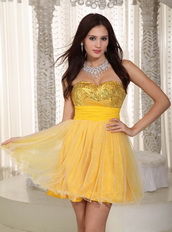 Bright Yellow Mini Prom Dress With Sequin Paillette Bodice Knee Length Sexy