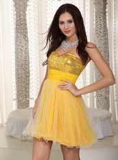 Bright Yellow Mini Prom Dress With Sequin Paillette Bodice Knee Length Sexy