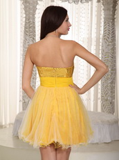 Bright Yellow Mini Prom Dress With Sequin Paillette Bodice Knee Length Sexy