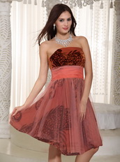 Rust Red Short Prom Dress With Birds Feather Printed Design Knee Length Sexy