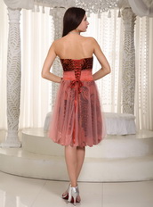 Rust Red Short Prom Dress With Birds Feather Printed Design Knee Length Sexy