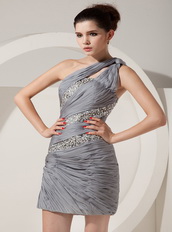 Silver Chiffon One Shoulder Short Prom Dress Beading Decorate Knee Length Sexy