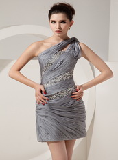 Silver Chiffon One Shoulder Short Prom Dress Beading Decorate Knee Length Sexy