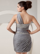 Silver Chiffon One Shoulder Short Prom Dress Beading Decorate Knee Length Sexy