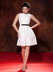 White Bateau Scoop Neck Mini-length Taffeta Prom Dress Knee Length Sexy