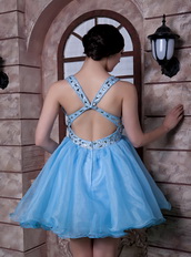Aqua Blue V-neck Short Dress Handmade Beaded For Girl Knee Length Sexy