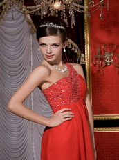 Red Empire One Shoulder Knee Length Short Homecoming Dress Beading Knee Length Sexy