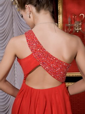 Red Empire One Shoulder Knee Length Short Homecoming Dress Beading Knee Length Sexy