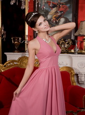 Old Rose Pink Halter Chiffon Tea-length Homecoming Dress Designer Knee Length Sexy