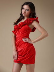 Rosette One Shoulder Strap Red Prom Dress Mini Length Knee Length Sexy