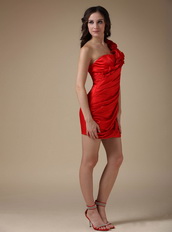 Rosette One Shoulder Strap Red Prom Dress Mini Length Knee Length Sexy