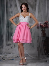 Pink and White Spaghetti Straps Short Beaded Prom Dress Knee Length Sexy