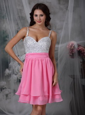 Pink and White Spaghetti Straps Short Beaded Prom Dress Knee Length Sexy