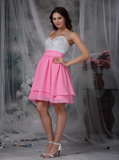 Pink and White Spaghetti Straps Short Beaded Prom Dress Knee Length Sexy