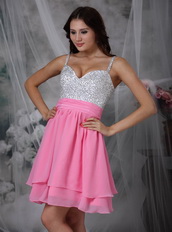 Pink and White Spaghetti Straps Short Beaded Prom Dress Knee Length Sexy