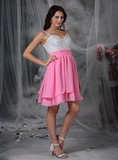 Pink and White Spaghetti Straps Short Beaded Prom Dress Knee Length Sexy