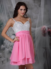 Pink and White Spaghetti Straps Short Beaded Prom Dress Knee Length Sexy