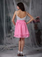 Pink and White Spaghetti Straps Short Beaded Prom Dress Knee Length Sexy