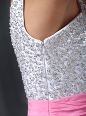 Pink and White Spaghetti Straps Short Beaded Prom Dress Knee Length Sexy