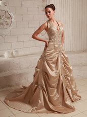 Halter Top Neck Taffeta Champagne Wedding Dress With Embroidery Pregnant