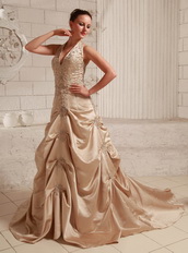 Halter Top Neck Taffeta Champagne Wedding Dress With Embroidery Pregnant