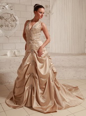 Halter Top Neck Taffeta Champagne Wedding Dress With Embroidery Pregnant