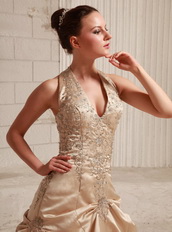 Halter Top Neck Taffeta Champagne Wedding Dress With Embroidery Pregnant