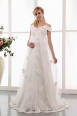 Off Shoulder Applique Skirt Pregnant Bridal Dress Cheap