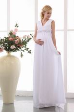V Neck Floor Length White Pregnant Wedding Dress
