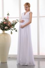 V Neck Floor Length White Pregnant Wedding Dress