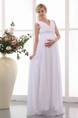 V Neck Floor Length White Pregnant Wedding Dress