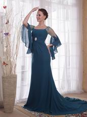 Square Marine Blue Long Sleeves Mother of the Bride Dress