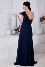 Cheap One Shoulder Chiffon Skirt Navy Blue Evening Dress