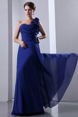 Flowers One Shoulder Strap Royal Blue Chiffon Jr Prom Dress