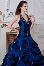 Best Halter Corset Dark Blue Prom Ball Gown With Embroidery