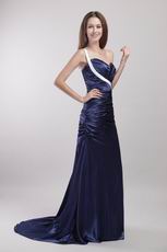 One-shoulder Inexpensive Navy Blue Prom Dress Under 150 Dollars