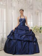 Navy Blue Halter Floor Length Designer Quinceanera Dress