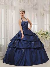 Navy Blue Halter Floor Length Designer Quinceanera Dress