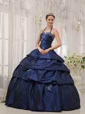 Navy Blue Halter Floor Length Designer Quinceanera Dress