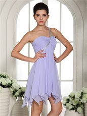 Summer One Shoulder Knee Length Chiffon Lavender Dress For Bridesmaid Group