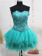 Turquoise Strapless Lace Bodice For Homecoming With Triangle Tulle Skirt