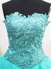 Turquoise Strapless Lace Bodice For Homecoming With Triangle Tulle Skirt