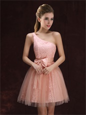 Fashionable Colour Blush One Shoulder Short Homecoming Lace Dress With Bowknot