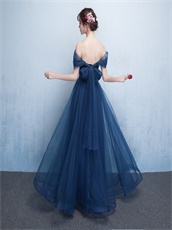 Off Shoulder Navy Formfitting Bridesmaid Long Dress With Back Bowknot