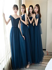 Off Shoulder Navy Formfitting Bridesmaid Long Dress With Back Bowknot