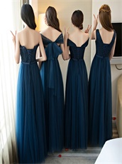 Off Shoulder Navy Formfitting Bridesmaid Long Dress With Back Bowknot