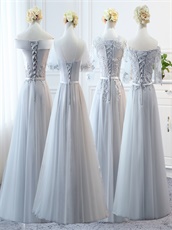 Bridesmaid Group Girls Long Elegant Silver Series Dress Different Neck