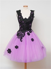 Lilac Short Dama Draped Tulle Skirt Party Dress With Black Appliques