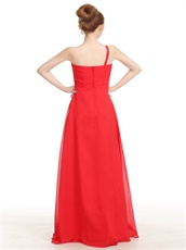 Single Strap Red Long Chiffon Homecoming Dress With Crystal Embellished